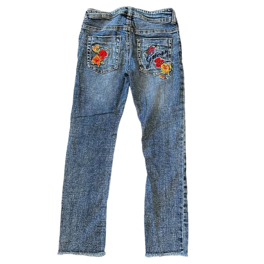 Guess Girls Floral Embroidered Straight Leg Jeans Blue Medium Wash Size 10